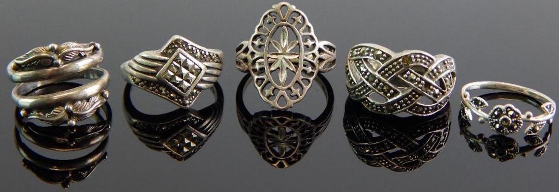 Group of 5 Sterling Silver Rings: All marcasite stones. They range in size from 7.5-9