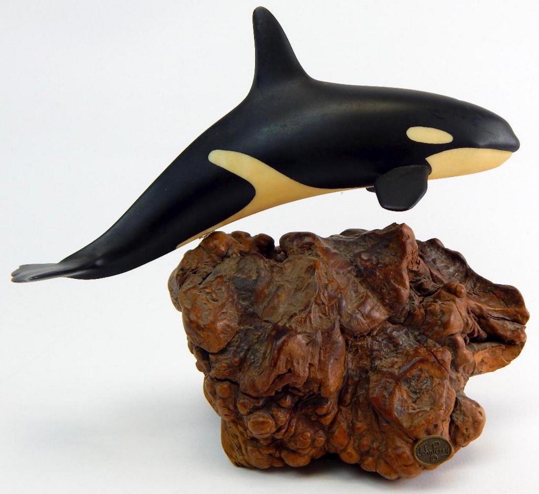 John Perry Killer Whale Sculpture on Burl Wood Base