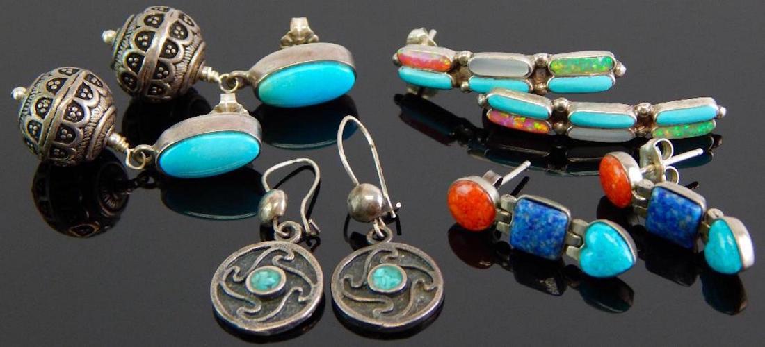 Lot of 4 Pairs : Sterling Silver and Turquoise Inlay (1 of 2)