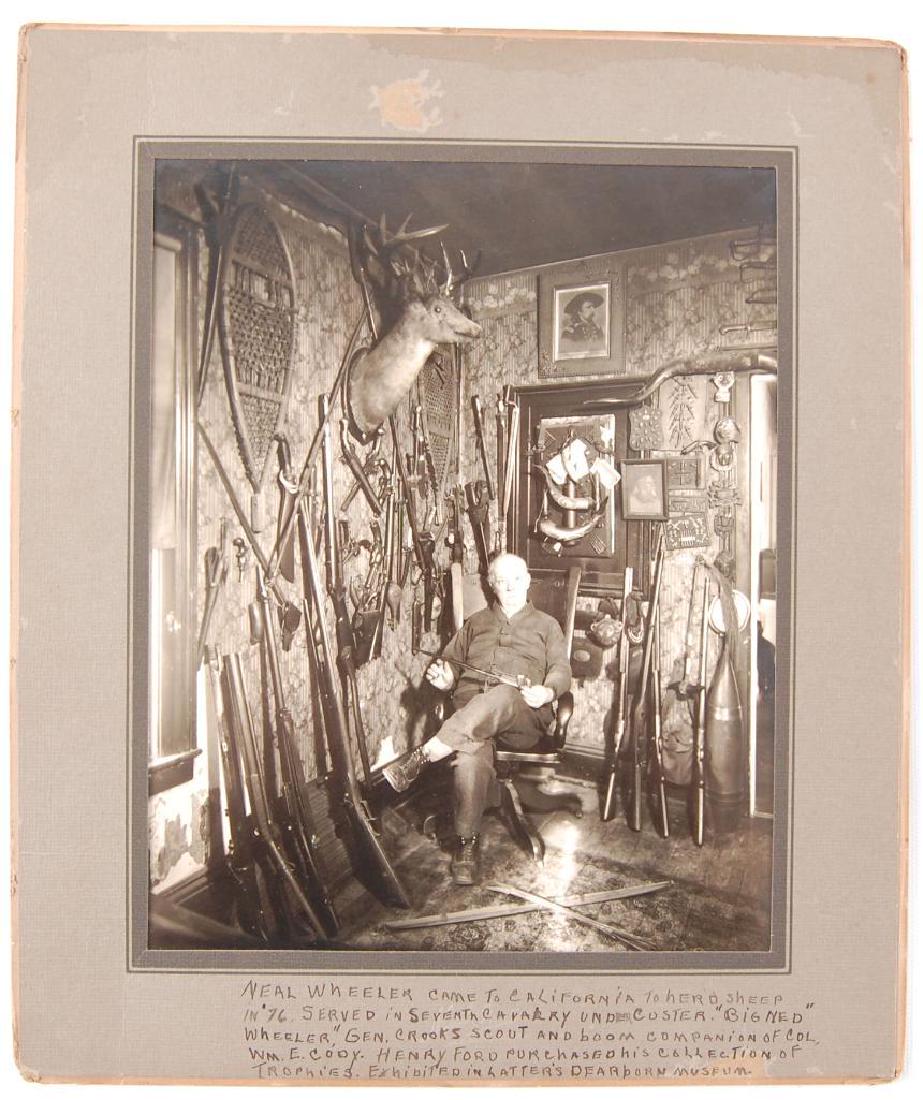 Antique Photograph of Neal Wheeler and His Firearm and: Neal Wheeler came to California to herd sheep in '76. He served in the 7th cavalry under Custer. "Big Ned" Wheeler, Gen Crooks scout and boom companion of Wm. E. Cody. Henry Ford later purchased his c