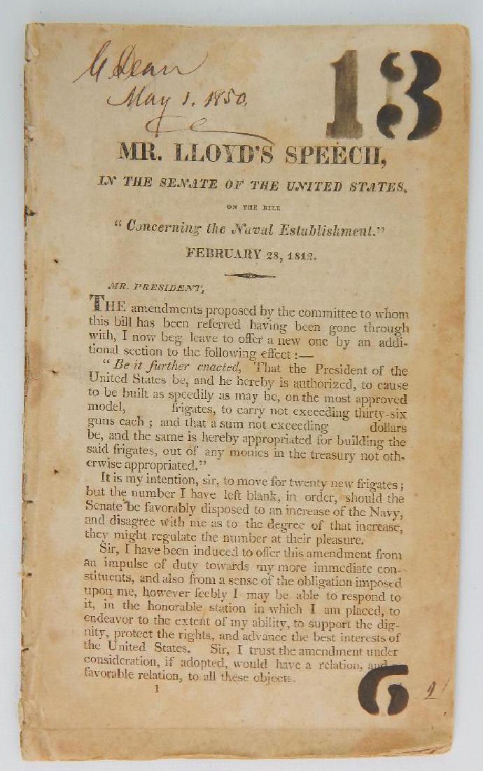 Concerning the Naval Establishment: "Mr. Lloyds Speech in the Senate of the US on the Bill, Feb 28th 1812