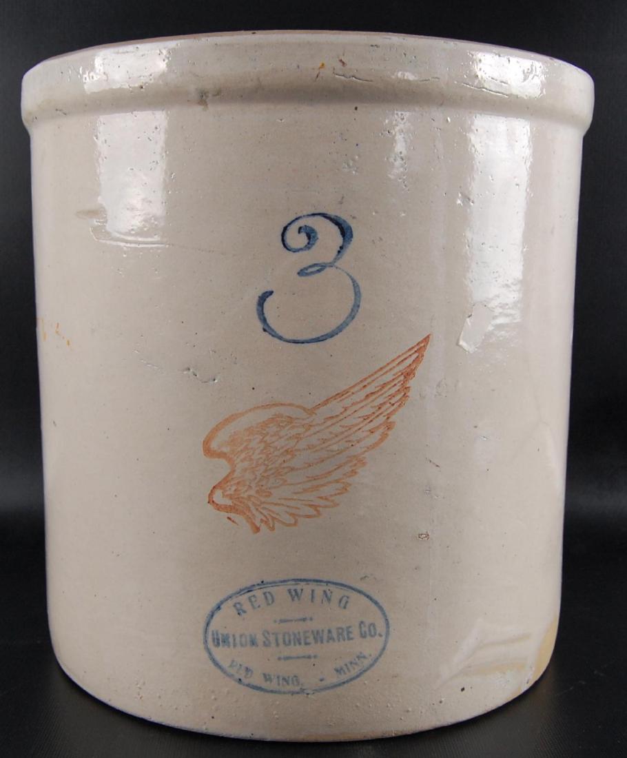 Antique 3 Gallon Red Wing Stoneware Crock: Red Wing Minn. Some Hair Line Cracks on the inside and outside of Crock, 10 1/2 x 10 1/2 inches