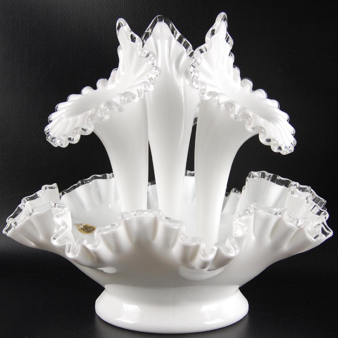 Vintage Fenton Milk Glass with Clear Ribbon and Ruffled: 12 x 11 inches, No Chips or Cracks