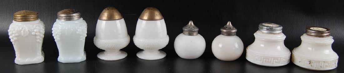 Group of 8 : Antique Milk Glass Salt and Pepper Shakers: Tallest 3 1/2 inches
