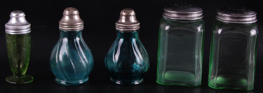 Group of 5 : Blue and Green Glass Salt and Pepper: Tallest 4 inches