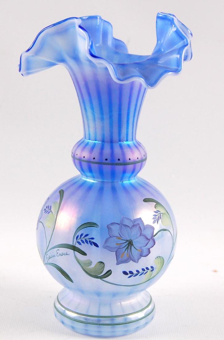 Fenton Signed Blue Harmony Vase with Hand Painted: 4 1/2 x 8 inches, Includes Original Box