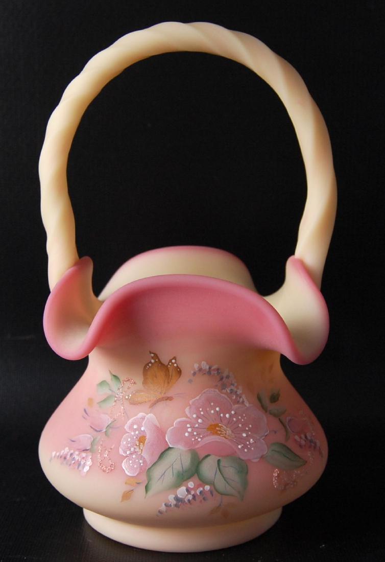 Fenton Signed Burmese Glass Basket with Hand Painted (1 of 3)