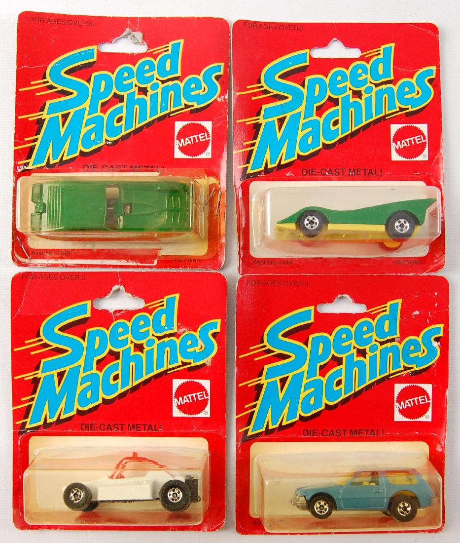 Group of 4 Mattel Speed Machines in Original Packagaing: Partial Seal on 1 Car. Includes Packin Pacer, Rock Buster, and 2 Others. 1982 Made in Malaysia