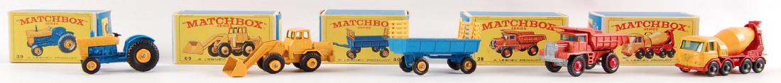 Group of 5 Matchbox Die-Cast Vehicles with Original: Cars are in Mint Condition, Some Loose Wheels, Includes No. 21 Foden Concrete Truck, No. 28 Mack Dump Truck, No. 40 Hat Trailer, No. 69 Hatra Tractor Shovel, and No. 39 Ford Tractor.