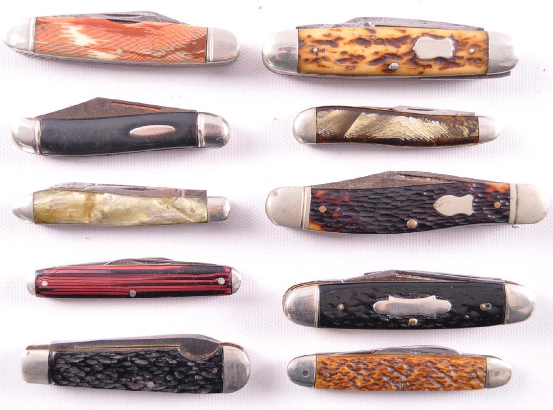 Group of 10 Vintage Folding Pocket Knives: Largest 7 inches, Some Rust, Includes Syracuse, Lehneberg, and More