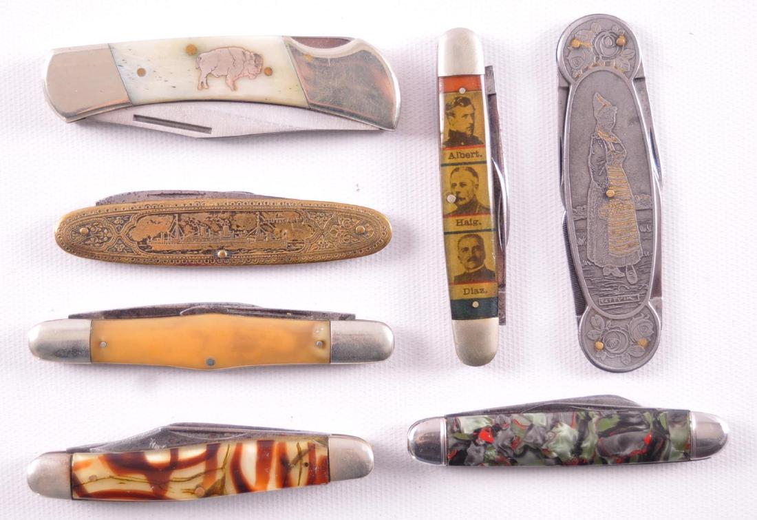 Group of 7 Antique Folding Pocket Knives: Largest 6 inches, Includes Stuttgart, Knife with Faces, and More