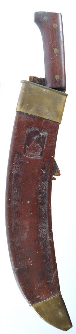 Spanish American War Collins Machete with Leather: Overall length 21 1/2 inches, Blade is 15 inches, Damaged Hilt is 5 1/4 inches, and Scabbard is 16 inches