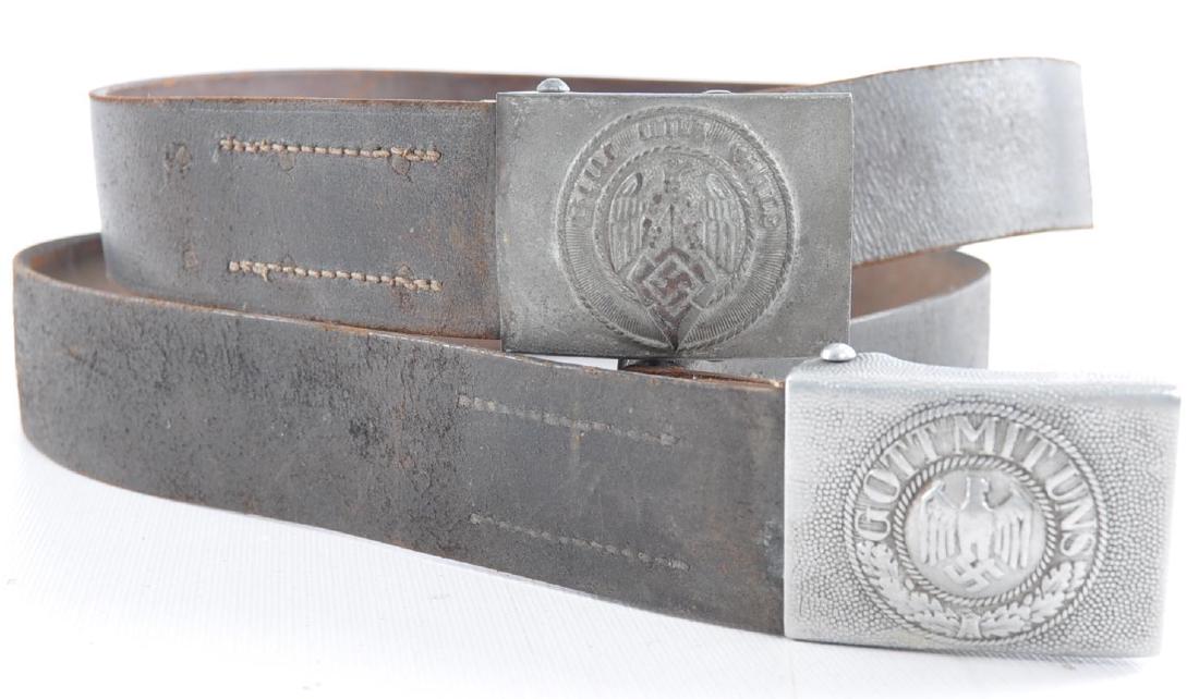 Group of 2 WW2 German Belt Buckles with Belts: Includes Hitler Youth and Standard.