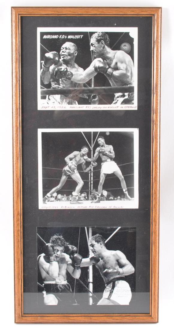 Group of 2 Famous Boxing Knock Out Framed Photographs: Featuring Marciano KO's Walcott, Robison, and Other. 14 1/2 x 31 inches