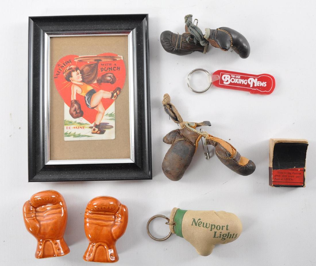 Group of Antique Souvenir Boxing Items: Includes Valentine, Flip Book, and Souvenir Keychain Boxing Gloves