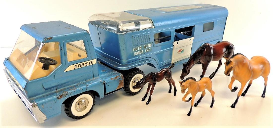 Vintage Structo Semi Vista Dome Horse Van.: With (2) Horses (2) Colts, Original paint, pressed steel 21" long.