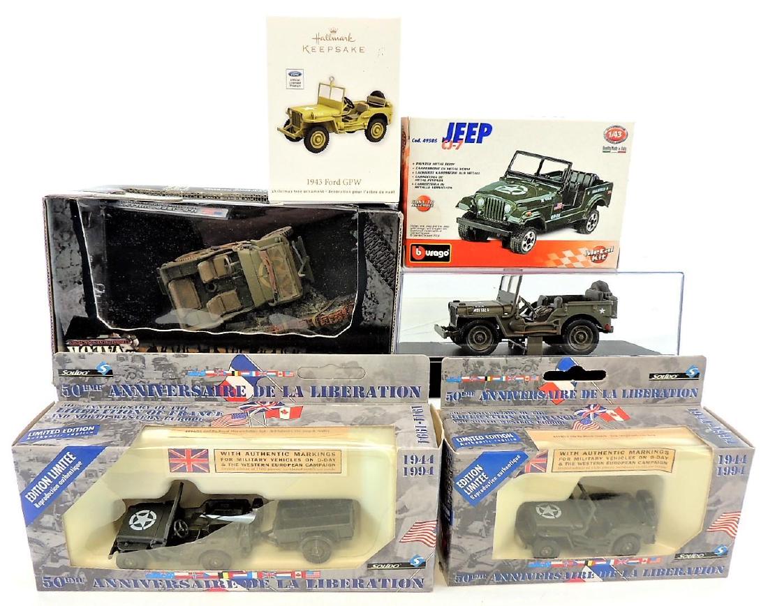 Lot of (6) Military Army Jeep Toys.: New Ray, Burago, Solido,Unimax Hallmark all in original box.