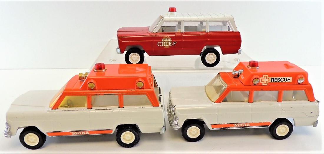 Lot of (3) Vintage Tonka Jeep Rescue Vehicles.: Includes Fire Cheif (2) Orange White Rescue.