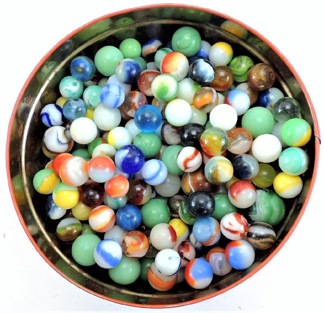 Over 150+ Vintage Marbles in old tin.: Includes Peltier, Arkro more.