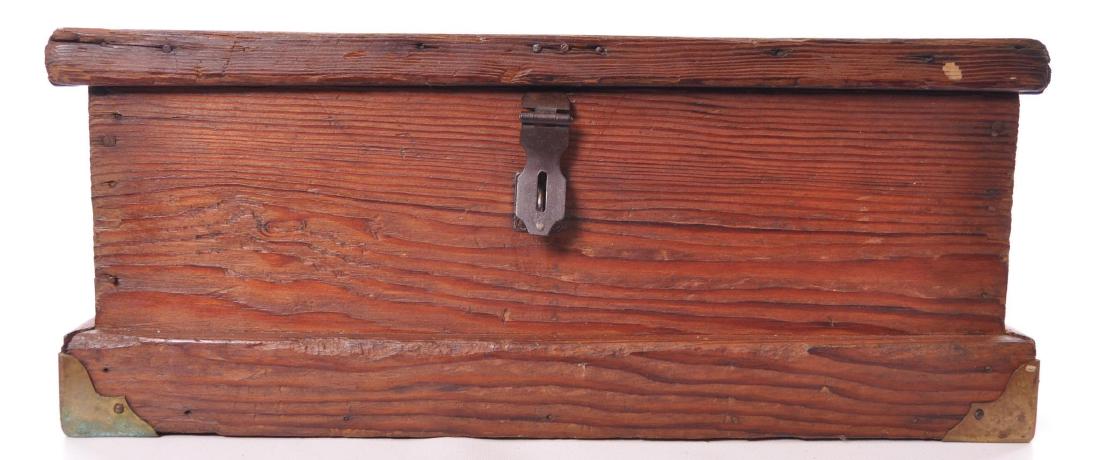 Antique Pine Tool Box with Brass Accents: 19 x 10 x 7 1/2 inches, Missing one brass accent