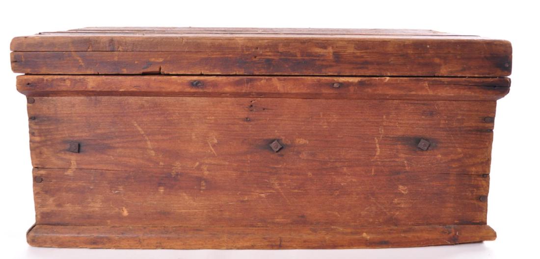 Antique Pine Tool Box with Ornate Cast Iron Handles: 20 1/2 x 11 x 9 1/2 inches