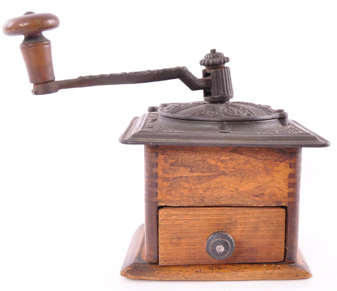 Antique Wood and Cast Iron Coffee Grinder: Morris and Tenon Jointery, Pull is falling off, 9 x 7 x 8 inches