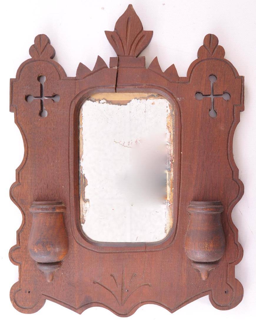 Antique Primitive Wall Mirror with Pockets: Cracked Top, 10 x 13 inches