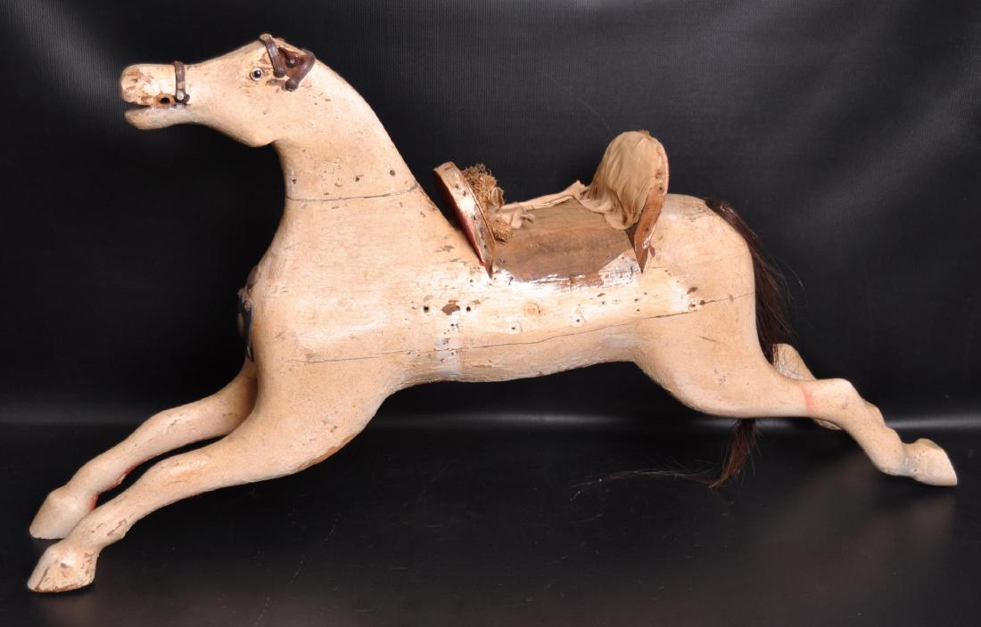 Antique Wooden Horse: Beautiful, vintage patina w/ some paint chipping; "saddle" has separated from base. Glass Eyes, 39 x 20 x 6 inches