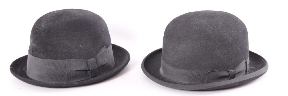 Group of 2 Antique Black Fur Felt Bowler Derby Hats: Includes Antica Casa Borsalino imported by Johnson's Inc., Peoria Ill. and Pilgrim. Both interiors measure 7-5/8 x 6-1/4.