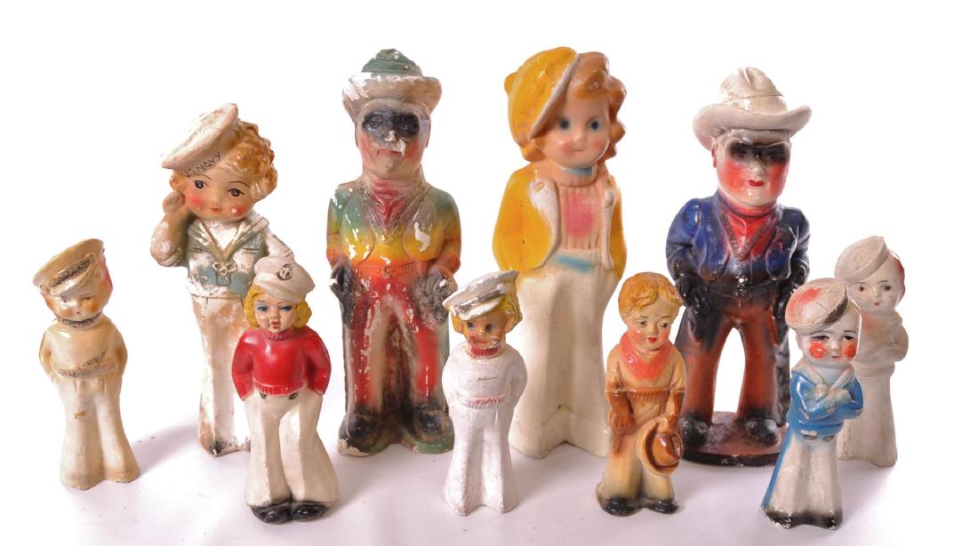 Group of 10 Vintage Cowboy and Sailor Girl Carnival: Tallest 15 1/2 inches, Chips and Paint Flaking Throughout