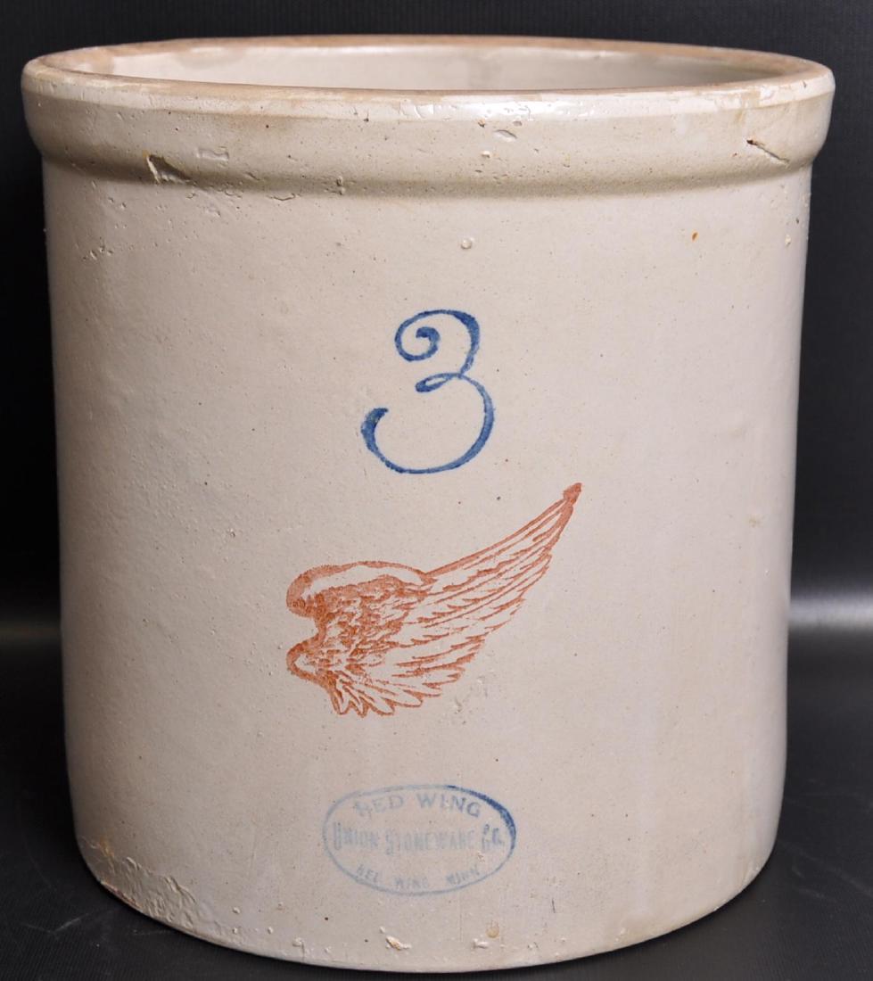 Antique 3 Gallon Red Wing Stoneware Crock: 10 1/2 x 10 1/2 inches. One Chip and 2 Hairline Cracks