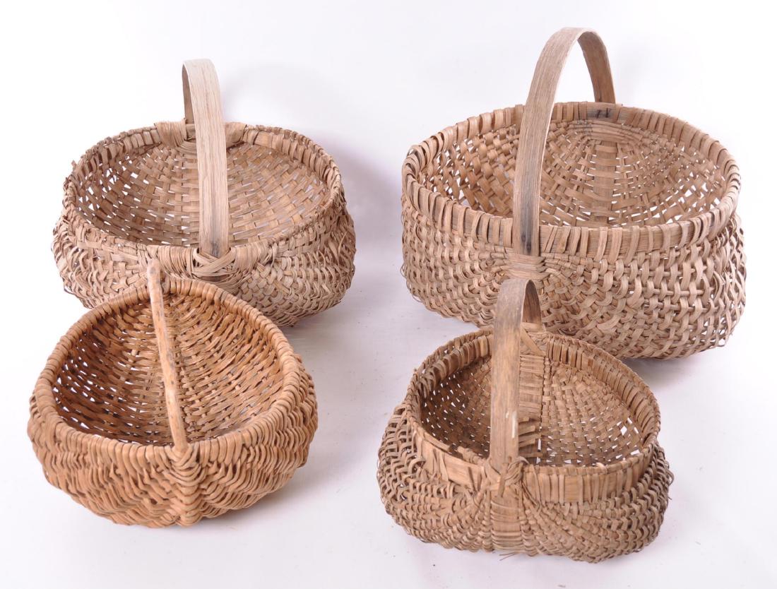 Group of 4 Antique Primitive Wicker Bottom Baskets: Largest 15 x 16 x 14 inches