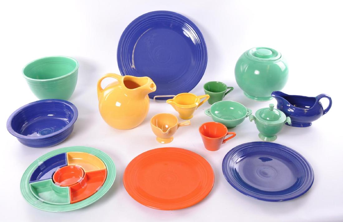 Large Group of Vintage Fiestaware : Relish Dish,: Every Item in this lot has chips. Includes Cobalt Chop Plate, Light Green Cookie Jar, Blue Gravy Boat, Yellow Ball Pitcher, vintage Relish Dish and More. Chop Plate has a 14-1/4 inch diameter