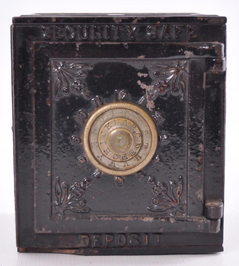 Antique "Security Safe Deposit" Cast Iron Coin Bank: 5 x 4 1/2 x 5 1/2 inches. Nice, Original Paint