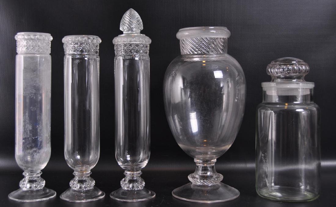 Group of 5 Antique Glass Apothecary Jars: Some Chips, Largest 6 1/2 x 14 inches