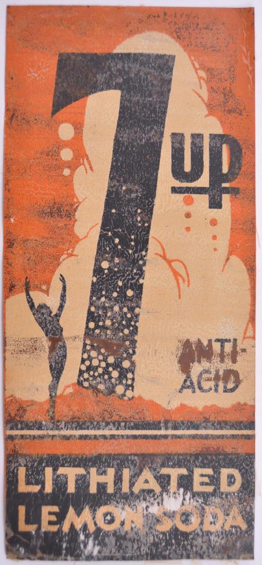 Antique 1930's 7Up Lithiated Lemon Soda Advertising Tin: 8 7/8 x 19 7/8 inches