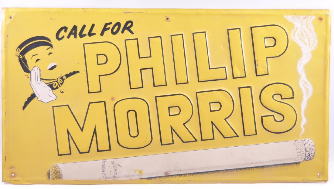 Vintage Philip Morris Embossed Advertising Metal Sign: 27 x 14 1/2 inches