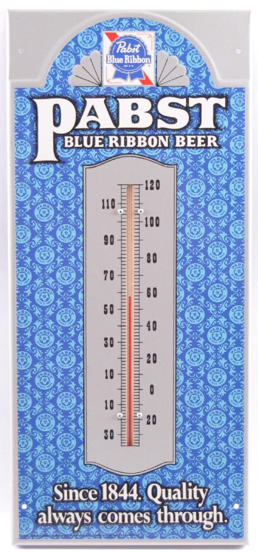 Vintage Pabst Blue Ribbon Advertising Metal Thermometer: New Old Stock, 9 1/4 x 20 1/2 inches