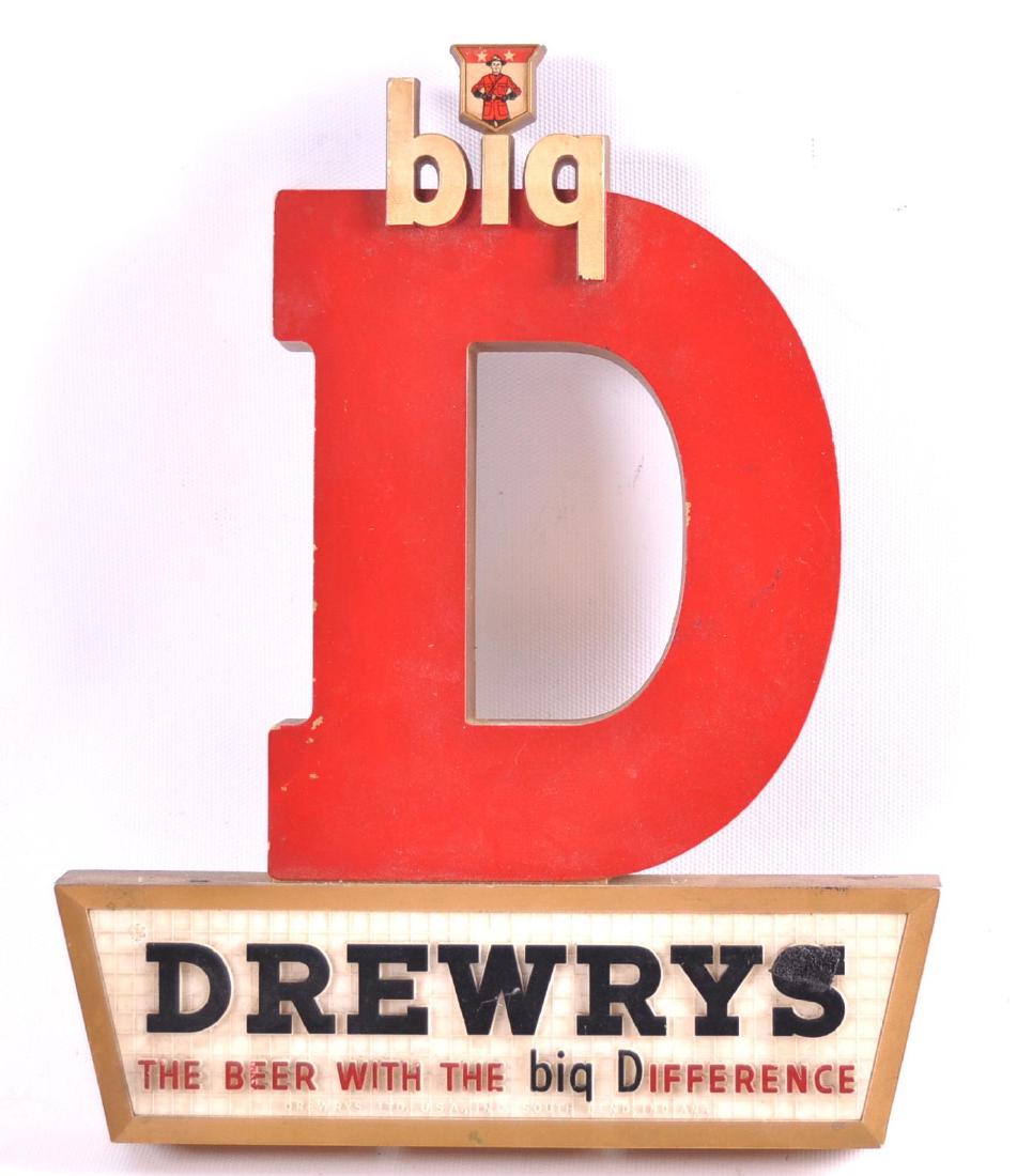 Vintage Drewrys Big D Advertising Plastic Beer Sign: 9 x 11 1/2 inches , Damaged Back