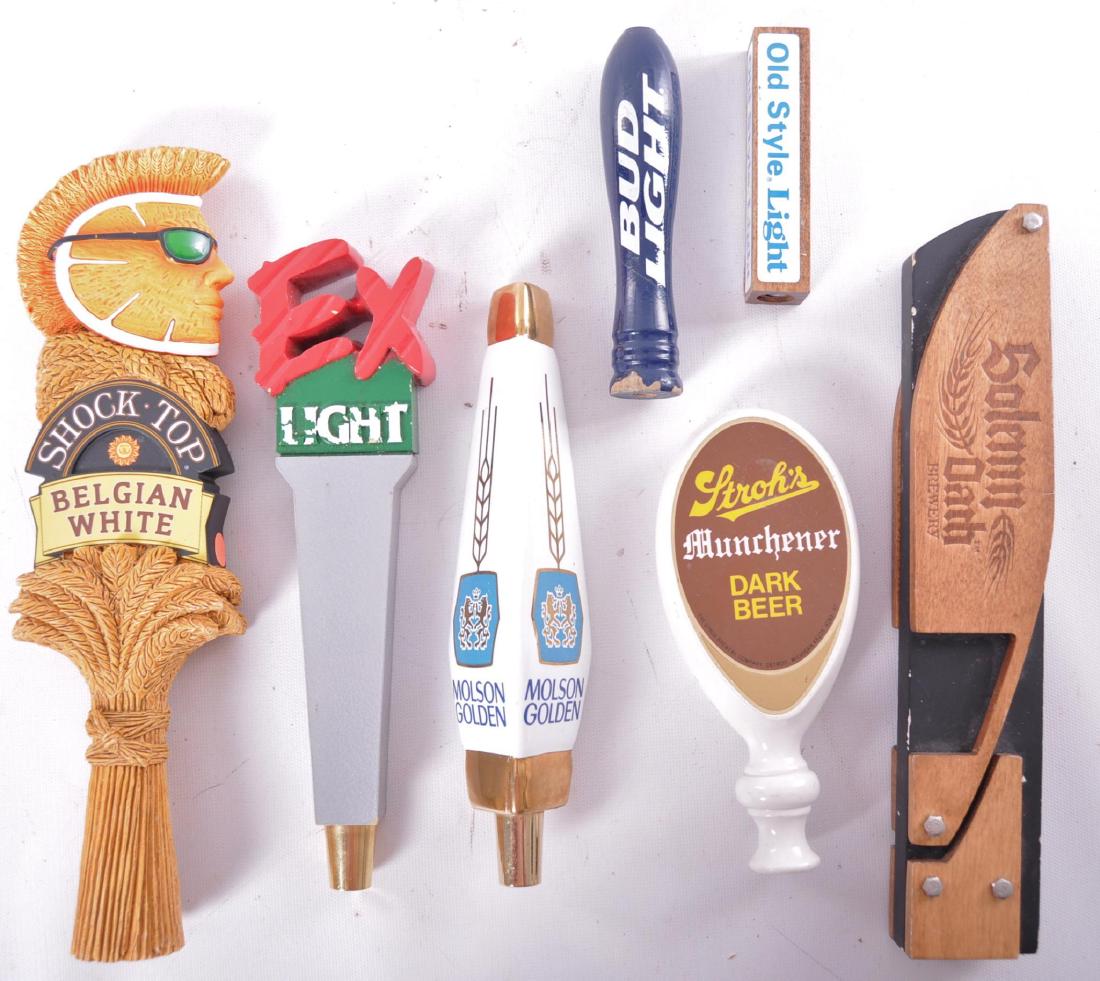 Group of 7 Advertising Beer Tappers: Includes Bud Light, Shock Top, Stroh's and More, Largest 12 inches