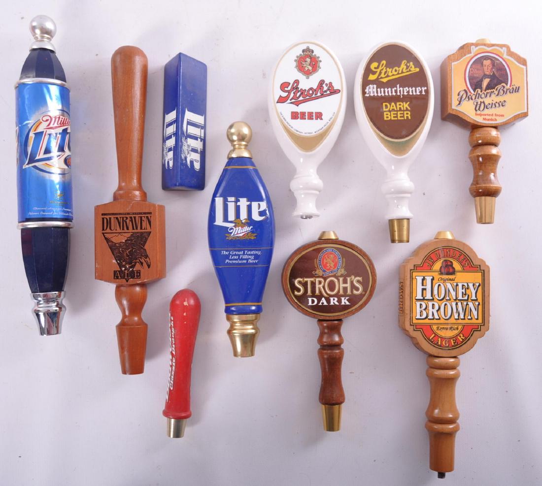 Group of 10 Advertising Beer Tappers: Includes Stroh's, Honey Brow, Miller Lite, and More, Largest 11 1/2 inches