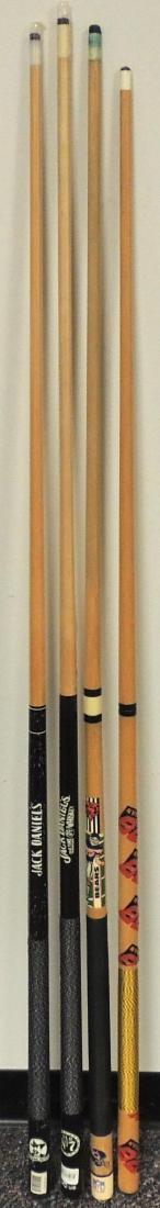 Group of 4 Advertising Pool Cues: Includes The Chicago Bear, Jack Daniels and Ernie Irvan. Largest 58 1/2 inches