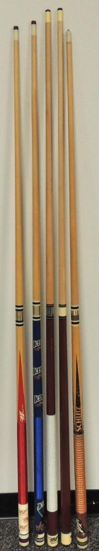 Group of 5 Advertising Pool Cues: Includes Miller, Schlitz, and Ice House. Largest 58 3/4 inches