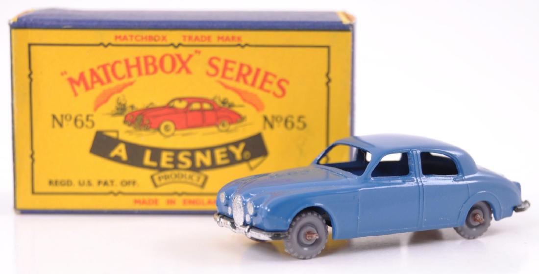 Matchbox No. 65 Jaguar 3.4 Liter Die-Cast Car with: No Windows, GPW, Blue Body, 'C' type box, A Lesney Product, MIB
