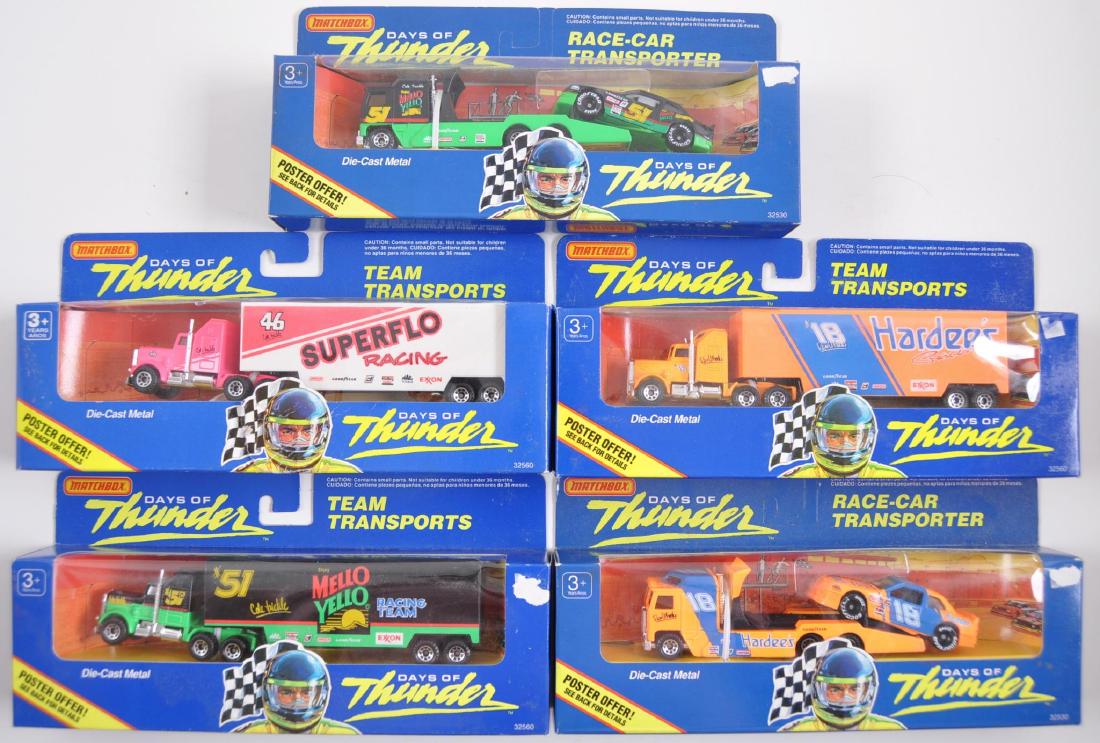 Group of 5 Matchbox Days of Thunder Race Car and Team: Includes Hardees Race Car and Team Transport Set, Mello Yellow Race Car and Transport Set, and Superflo Racing Team Transports. New in Original Packaging