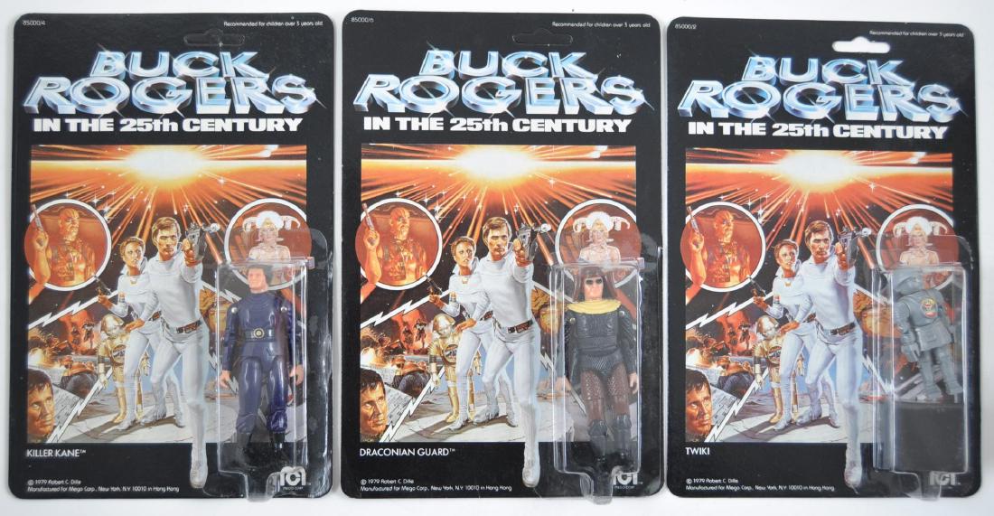 Group of 3 Mego Buck Rogers Action Figures in Original: Includes Twiki, Draconian Guard, and Killer Kane. New in Original Packaging