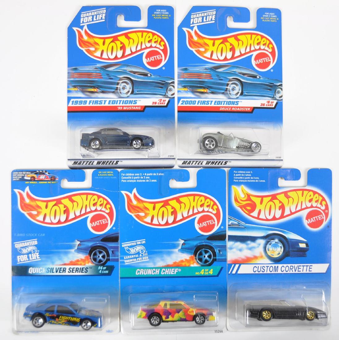Group of 5 Hot Wheels Die-Cast Cars in Original: New in Original Packaging, Includes Custom Corvette, 2000 First Edition Deuce Roadster and 99 Mustang, Crunch Chief, and Quicksilver Series.