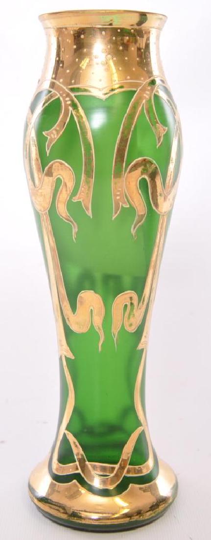 Antique Art Deco Green with Gilt Design Glass Vase: 9 1/4 x 3 inches. From the Deering Estate. An attractive example. Superb antique condition with only slight gilt loss to the lower base ridge, consistent with age and use.