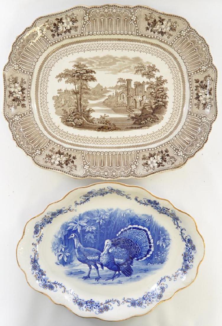 Group of 2 : Antique Porcelain Chargers: Include Harker semi-porcelain Tom and Hen Turkey Platter and 16 x 19 3/4 inch brown "Cologne" transfer pattern. Both in attractive condition without chips or flaw