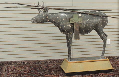 Robert McCauley : Mixed Media "Deer Crossing": Robert McCauley (American 20th Century artist) Mixed media sculpture of vinyl, plaster, copper and oil paint. Five pieces are included with this work - one deer, three spears, and one oil painted cros